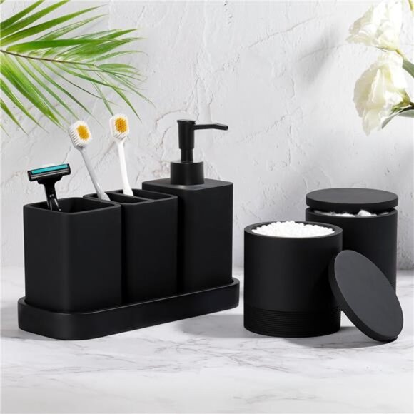 Matte Black Bathroom Accessories Set 6 Piece Soap Dispenser Toothbrush Holder - Picture 2 of 8